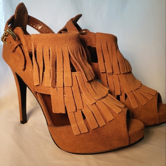 N.Y.L.A “Fancy” Suede Leather, Fringe Platform, 5 Inch Stiletto Heels - Picture 1 of 10